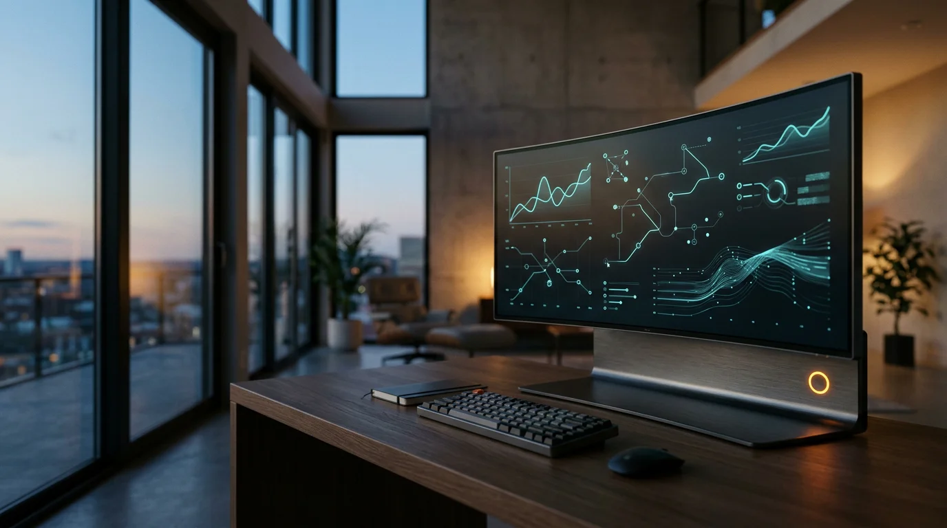 Cinematic eye-level shot of a sleek, brushed metallic gray analytics workstation featuring a single physical curved monitor displaying an abstract, minimalist dark-themed interface with subtle neon cyan line graphs and vector nodes mapping user session paths. The monitor is positioned dynamically to the right in a modern, sunlit architectural loft with expansive floor-to-ceiling windows overlooking a soft twilight sky. The scene is illuminated by natural warm cream sunlight blending with deep teal shadows and ambient soft cyan light, accented by a discreet burnt orange status light on the hardware casing. 50mm prime lens with shallow depth of field, sharp foreground focus on the realistic device, completely unoccupied environment, zero text, zero humans, photorealistic 16:9 widescreen format.