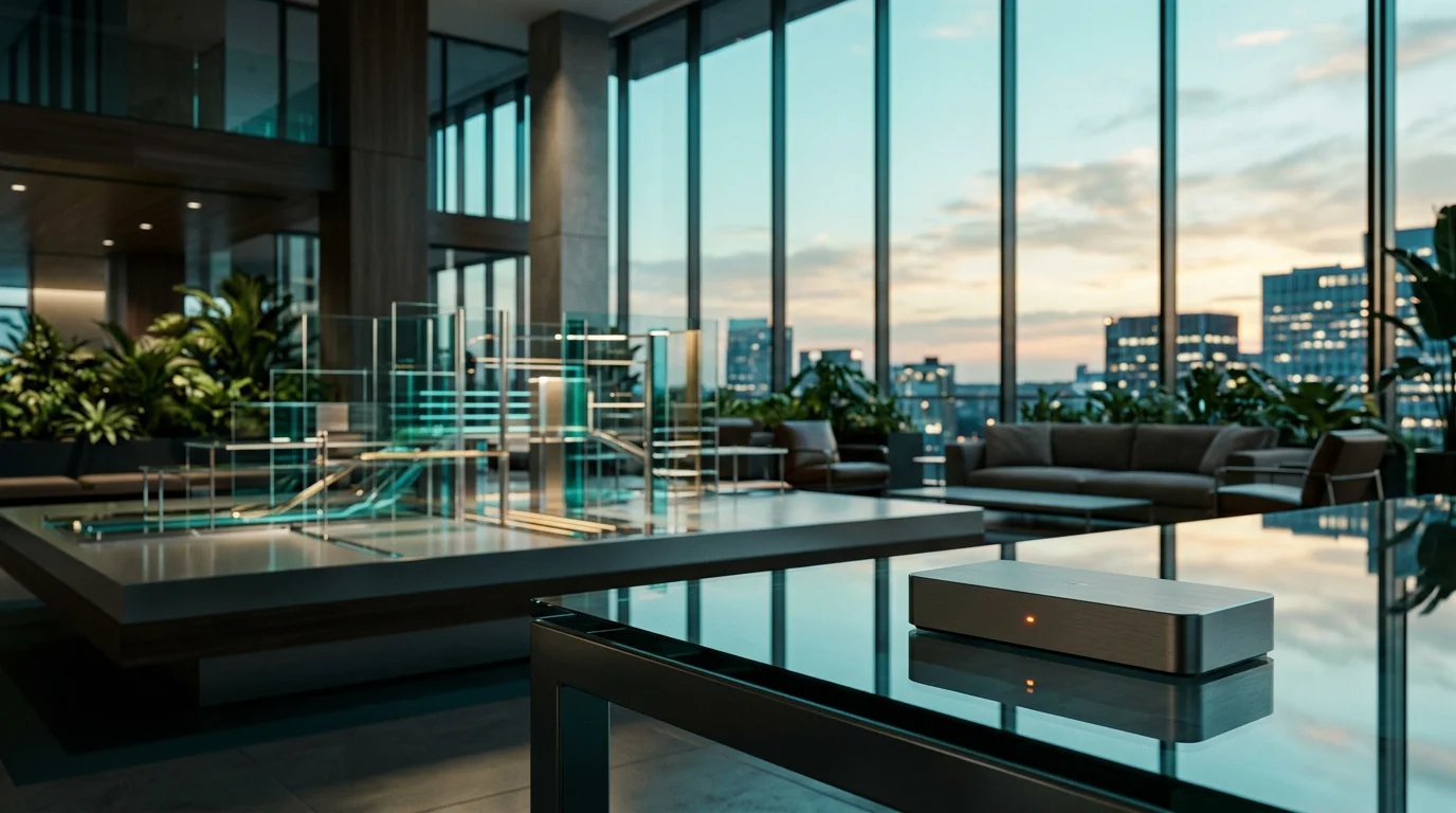 Cinematic 16:9 widescreen grounded eye-level wide shot of an expansive, modern software architecture visualization in a high-end corporate lounge at twilight transitioning to daylight, featuring a minimalist brushed metallic gray sensor device with a single discreet burnt orange status light placed in the lower right third on a sleek glass surface, reflecting deep teal shadows and soft cyan skies. Natural cream sunlight washes across layered indoor greenery and structural glass panels. Photorealistic, realistic physical materials, shallow depth of field with crisp foreground elements and a softly blurred background. Completely unoccupied with zero humans, zero text, zero typography, and zero floating holograms.