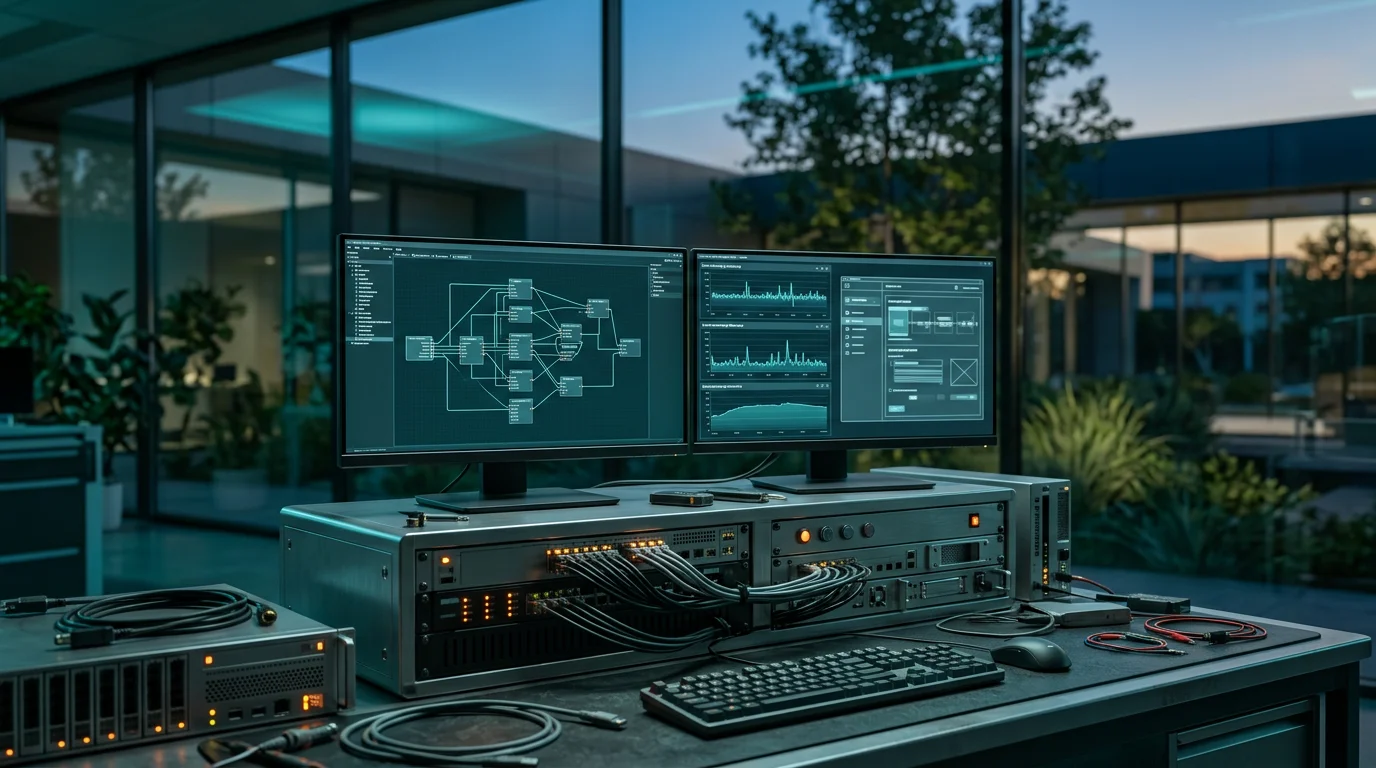 A photorealistic close-to-medium shot of a high-tech engineering workbench featuring dual physical monitors and a localized server diagnostic array, displaying abstract state machine node graphs, event streaming telemetry charts, and automated drop-off visualization UI wireframes with blurred data lines. The foreground hardware is sharp and detailed with brushed metallic gray casings, organized cabling, and discrete burnt orange status indicator lights. The camera angle is at natural eye-level, positioned inside a modern workspace with floor-to-ceiling glass walls looking out toward a natural architectural setting at twilight transitioning to daylight with soft greenery in the background. Color palette consists of deep teal shadows, soft cyan ambient reflections, warm cream highlights on screen visuals, and subtle burnt orange accents. Shot on a 35mm lens with a medium depth of field, keeping the workspace crisp while the background softly blurs. Completely unoccupied with zero humans and zero readable text or brand logos, aspect ratio 16:9.