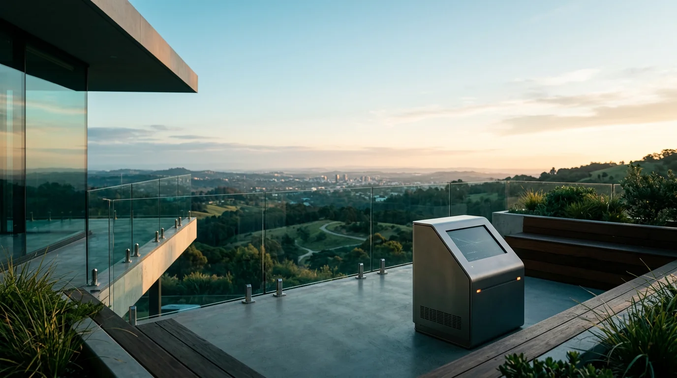 A cinematic 50mm lens wide shot of a modern, minimalist architectural terrace at twilight transitioning to daylight, completely unoccupied with zero humans. In the lower right third, a sleek, understated physical data-monitoring terminal with a brushed metallic gray casing features a tiny, discreet burnt orange status light. The scene overlooks an expansive, optimistic landscape with layered natural greenery and architectural glass reflecting deep teal shadows and a soft cyan sky. Natural warm cream sunlight catches the edge of the physical hardware and polished surfaces. The composition uses a natural depth of field, keeping the foreground terminal crisp while softly blurring the distant horizon. Professional studio lighting style, photorealistic materials, realistic glass, and concrete, rendered in a 16:9 widescreen aspect ratio with zero text, zero typography, zero numbers, and zero logos.