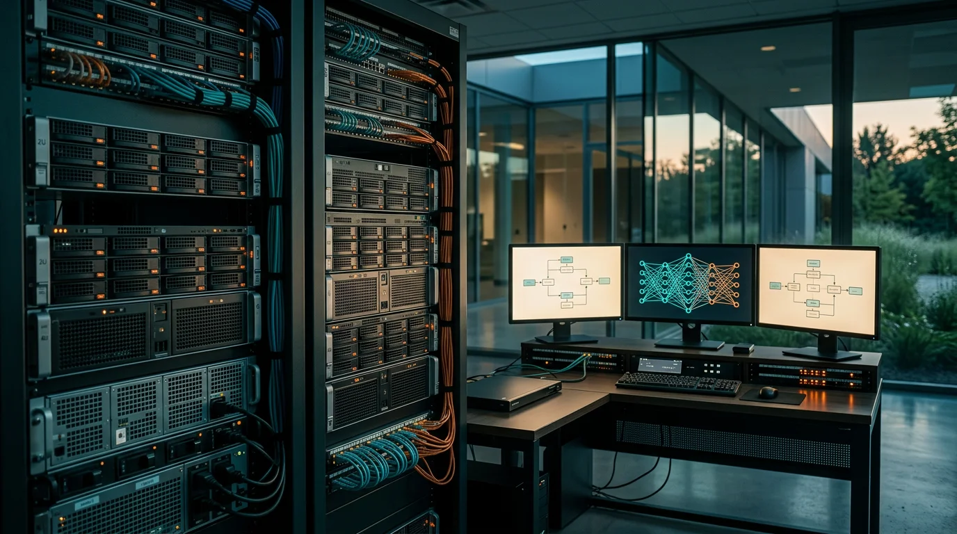 A close-to-medium shot of a grounded, physical enterprise server room and workstation setup for AI automation, featuring dense server racks, organized cabling, and multi-monitor diagnostic displays showing abstract neural network wireframes and event pipeline flowcharts without readable text. The hardware occupies the foreground and midground, utilizing brushed metallic gray casings, matte electronics, and discrete burnt orange status indicator lights. In the soft-focus background, modern corporate architecture with glass walls reveals a natural outdoor transition from twilight to early morning daylight with lush greenery. Shot on a 35mm lens with a shallow depth of field. Color palette features deep teal shadows, soft cyan reflections, and warm cream display glows. Completely unoccupied, zero humans, zero text, zero logos, photorealistic, 16:9 aspect ratio.