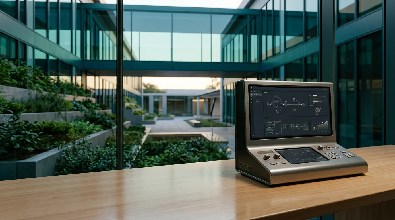 A photorealistic 16:9 widescreen shot of a single, standalone modular diagnostic console resting on a polished light wood desk surface, positioned in the right third of the frame from a dynamic 3/4 perspective angle. The console features a brushed metallic gray chassis and a single curved display screen showing a dark, low-glare UI with abstract node graphs, pipeline diagrams, and vector analytics charts. The surrounding modern architectural environment includes floor-to-ceiling glass walls, integrated planter terraces with rich natural emerald and sage greenery, and an open-air courtyard visible in the background, captured at twilight transitioning to early morning daylight. Color palette utilizes Deep Teal #116F76 on glass shadows and structural elements, Soft Cyan #C1E3E6 reflections on glass facades, Warm Cream #FFF4CE low sunlight, and subtle Burnt Orange #E06719 accents on miniature status LEDs on the hardware. Shot with an 85mm prime lens, medium depth of field with the primary console tack-sharp and the architecture and greenery softly blurred. Completely unoccupied with zero humans, zero readable text, no floating holograms, and absolute tech realism.