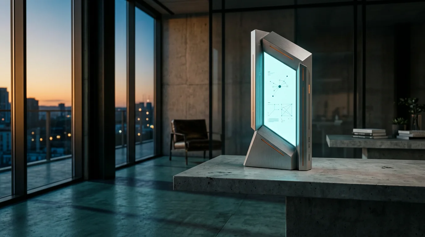 Cinematic 16:9 eye-level shot of a modern, minimalist corporate branding studio interior at twilight transitioning to morning light, featuring a singular brushed metallic gray architectural scale model of a sleek geometric brand monolith positioned dynamically off-center on a concrete table. The monolith showcases subtle burnt orange status indicator lines and a glowing dark screen displaying abstract vector nodes and minimal geometric schematics in soft cyan. Captured with an 85mm prime lens, shallow depth of field, natural warm cream sunlight filtering through large floor-to-ceiling windows, deep teal shadows on polished concrete floors, and soft cyan ambient illumination, completely unoccupied with zero humans or readable text.
