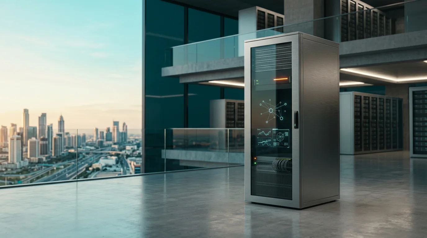 Cinematic eye-level shot at twilight transitioning to daylight, featuring a sleek, brushed metallic gray enterprise server rack unit positioned dynamically off-center in a modern, minimalist architectural data vault. The hardware has a discreet burnt orange status light and a dark glass viewing panel displaying minimalist abstract vector nodes and clean geometric data schematics in soft cyan. The expansive background reveals a vast, optimistic urban horizon under a soft cyan sky, illuminated by warm cream natural sunlight cutting across polished concrete walls and deep teal glass reflections. Shot on an 85mm prime lens with a shallow depth of field, keeping the structured server unit tack-sharp against a softly blurred, sophisticated environment. Completely devoid of humans and readable text. 16:9 widescreen format.