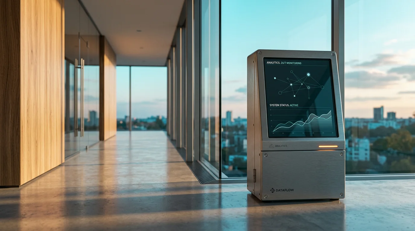 A cinematic, eye-level 16:9 widescreen shot of a modern, minimalist B2B architectural interior at twilight transitioning to warm morning daylight, featuring an expansive glass-walled corridor with a view of a soft cyan sky. Positioned dynamically off-center in the foreground is a single, physical, brushed metallic gray analytics terminal with a subtle burnt orange status light and a dark glass screen displaying minimal, abstract vector nodes and clean line graphs in deep teal and soft cyan. The environment is completely unoccupied with zero humans. Natural warm cream sunlight spills across polished concrete floors, creating long shadows and highlighting the rich textures of natural wood wall panels. Shot on an 85mm prime lens with a shallow depth of field, keeping the hardware unit tack-sharp while the distant architectural horizon softly blurs.