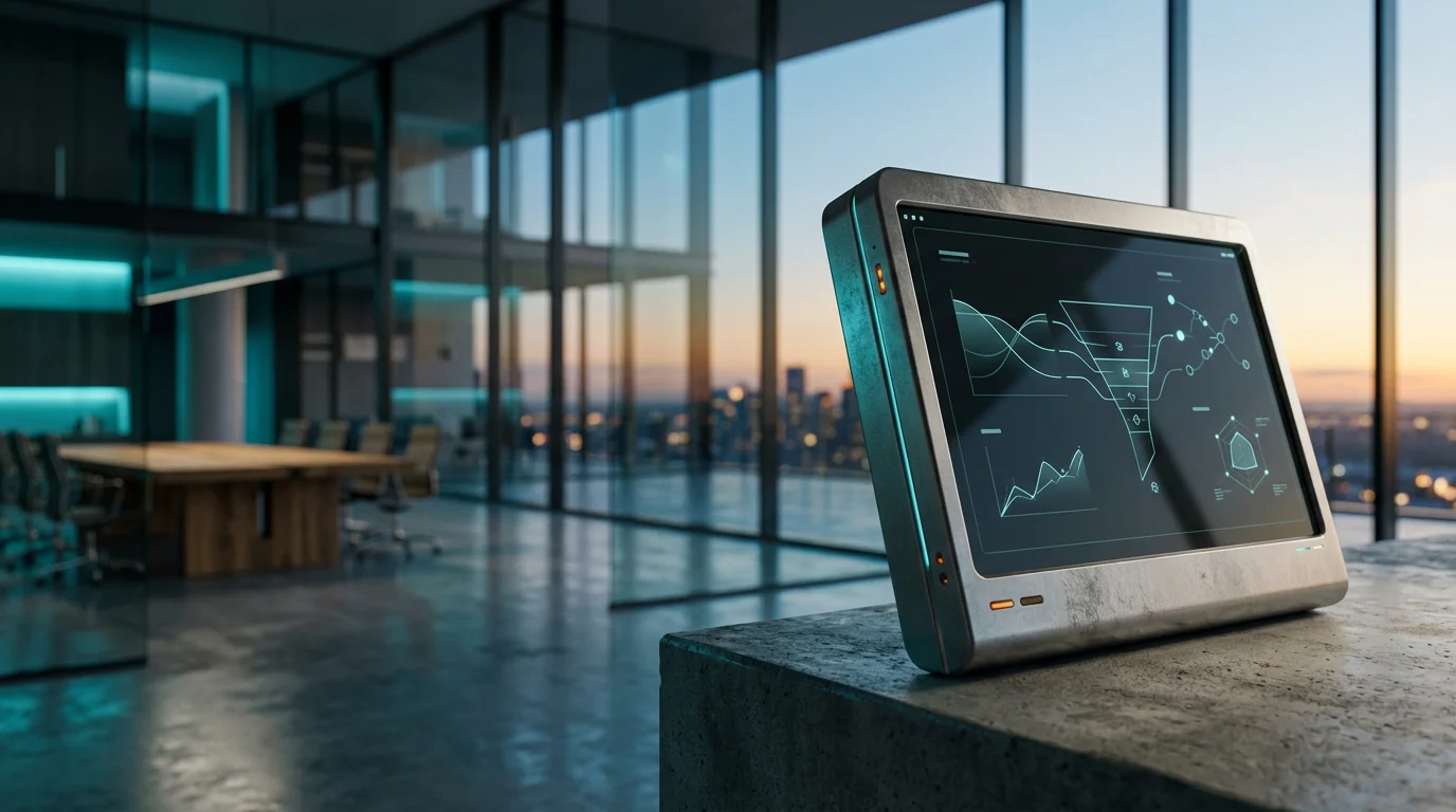Cinematic low-angle eye-level shot of a sleek, architectural analytics terminal with a brushed metallic gray casing positioned dynamically to the right of the frame, displaying a dark-themed minimal graphical UI with abstract conversion funnel line graphs and vector nodes in soft cyan, set in a vast, optimistic open-plan strategy boardroom at twilight transitioning to warm morning daylight, 50mm prime lens with a shallow depth of field, natural sunlight casting highlights on the metallic casing with discreet burnt orange status lights, deep teal shadows across polished concrete floors and glass panels, soft cyan ambient lighting in the expansive negative space of the background, zero humans, zero readable text, entirely physical and grounded technology, 16:9 widescreen format.