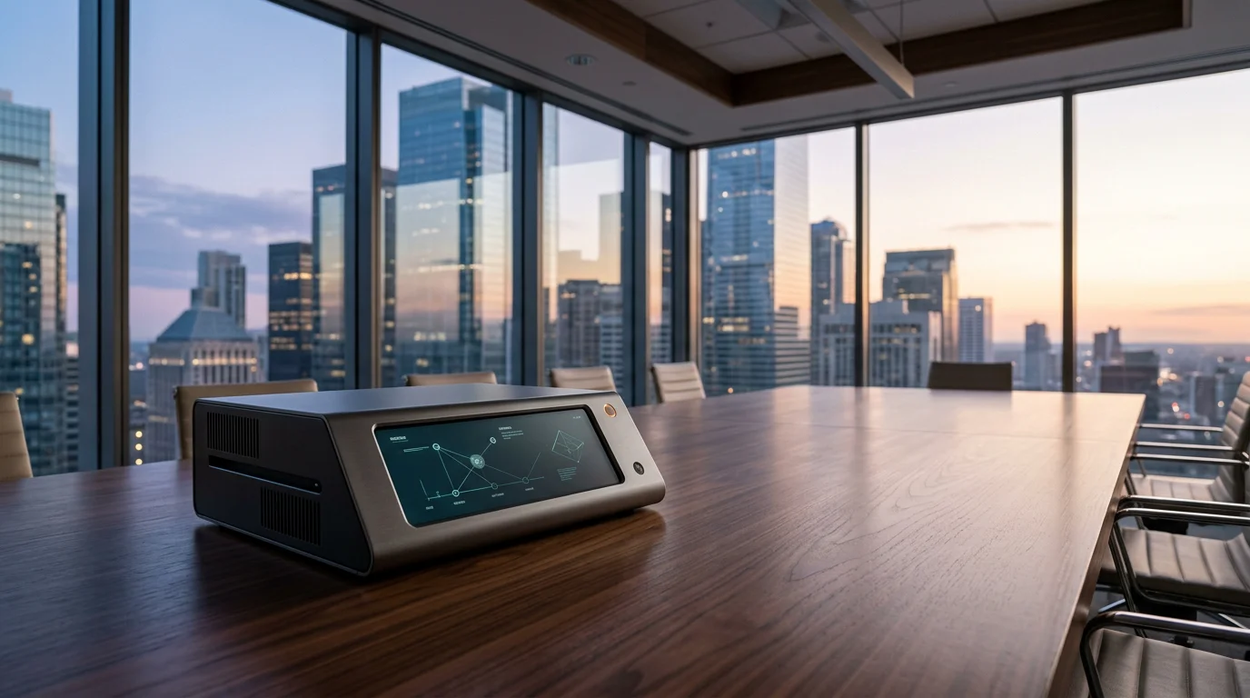 Cinematic 16:9 widescreen grounded eye-level shot of a modern executive boardroom overlooking an expansive glass-walled metropolitan skyline at early dawn, transitioning from twilight to soft daylight. Positioned dynamically off-center on a polished dark walnut conference table is a single, understated physical hardware analytics unit—a sleek, brushed metallic gray data-routing device featuring a subtle burnt orange status light and a recessed glass screen displaying clean, abstract vector nodes and minimal geometric schematics in deep teal and soft cyan. The 85mm prime lens creates a shallow depth of field, keeping the metallic casing crisp while the distant architectural horizon is softly blurred. The color palette features deep teal shadows, soft cyan ambient sky light, warm cream natural sunlight washing across the table, and discreet burnt orange hardware accents. Completely unoccupied scene with zero humans, zero text, no readable words, no floating holograms, and realistic physical textures.