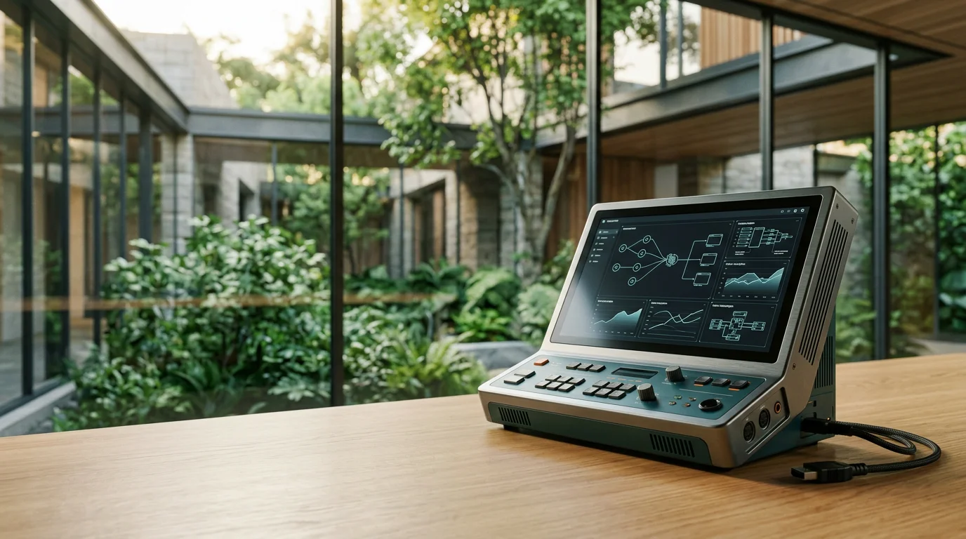 A cinematic 16:9 photograph of a single, standalone modular diagnostic console resting on a polished light wood surface, captured from a dynamic 3/4 perspective angled in the right third of the frame. The console features a brushed metallic gray chassis in Deep Teal #116F76 with subtle Burnt Orange #E06719 accents on status LEDs. The built-in low-glare screen displays a dark UI data interface featuring abstract node graphs, pipeline diagrams, and vector analytics charts with Soft Cyan #C1E3E6 reflections. Set within a modern, serene architectural interior with floor-to-ceiling glass framing lush emerald and sage green foliage in an open-air courtyard, captured at twilight transitioning to daylight. The warm cream #FFF4CE low sunlight provides a natural morning ambient glow. Shot on an 85mm prime lens with a medium depth of field, keeping the singular console tack-sharp while the background architecture and greenery soften naturally. Completely unoccupied, zero humans, zero text, abstract geometry only, physical engineering reality.
