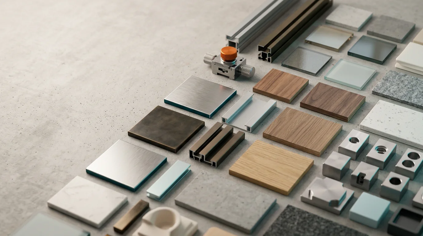 A sophisticated studio composition featuring an organized array of architectural material samples, refined metallic structural components, and precision-engineered abstract geometric forms arranged in a clean, rhythmic grid on a textured concrete surface. The scene is captured with an 85mm prime lens from an elevated, slightly angled perspective, focusing on the interplay of texture, light, and modular scale to represent systematic design. The primary illumination is soft, warm natural light, complemented by subtle, restrained rim lighting in Deep Teal #116F76 and Soft Cyan #C1E3E6, with a single precise highlight in Warm Burnt Orange #E06719 on a small, high-end machined adjustment component. The left third of the frame consists of clean, shadow-softened surface area providing uncluttered space for copy. The overall atmosphere is premium, calm, and organized, emphasizing high-end material quality and structural clarity. The image is photorealistic, highly detailed, and features natural depth of field and authentic material textures, with no human figures, no text, no branding, and no legible symbols, generated by nanobanana pro --ar 16:9