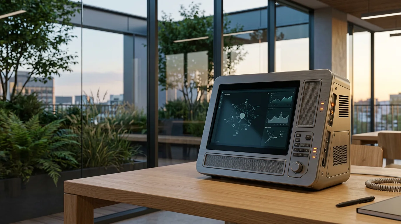 A single modular diagnostic console serving as the hero object, positioned off-center in the right third using a dynamic 3/4 perspective angle. The console features a matte anodized brushed metallic gray chassis resting on a polished light wood surface, with a single built-in dark display panel showing a low-glare, abstract node graph and vector analytics charts in deep teal and soft cyan. The device is placed within a modern architectural interior featuring floor-to-ceiling glass walls that frame an integrated outdoor planter terrace with lush emerald and sage foliage. Captured at twilight transitioning into warm morning daylight, the scene is illuminated by natural low sunlight creating a warm cream ambient glow, complemented by understated burnt orange status LEDs on the unit. The composition uses an 85mm prime lens with a medium depth of field, keeping the singular device tack-sharp while the surrounding architecture and greenery soften naturally in the background. Deep teal shadows, soft cyan glass reflections, completely unoccupied, zero humans, zero readable text or logos, strictly physical hardware. 16:9 widescreen.