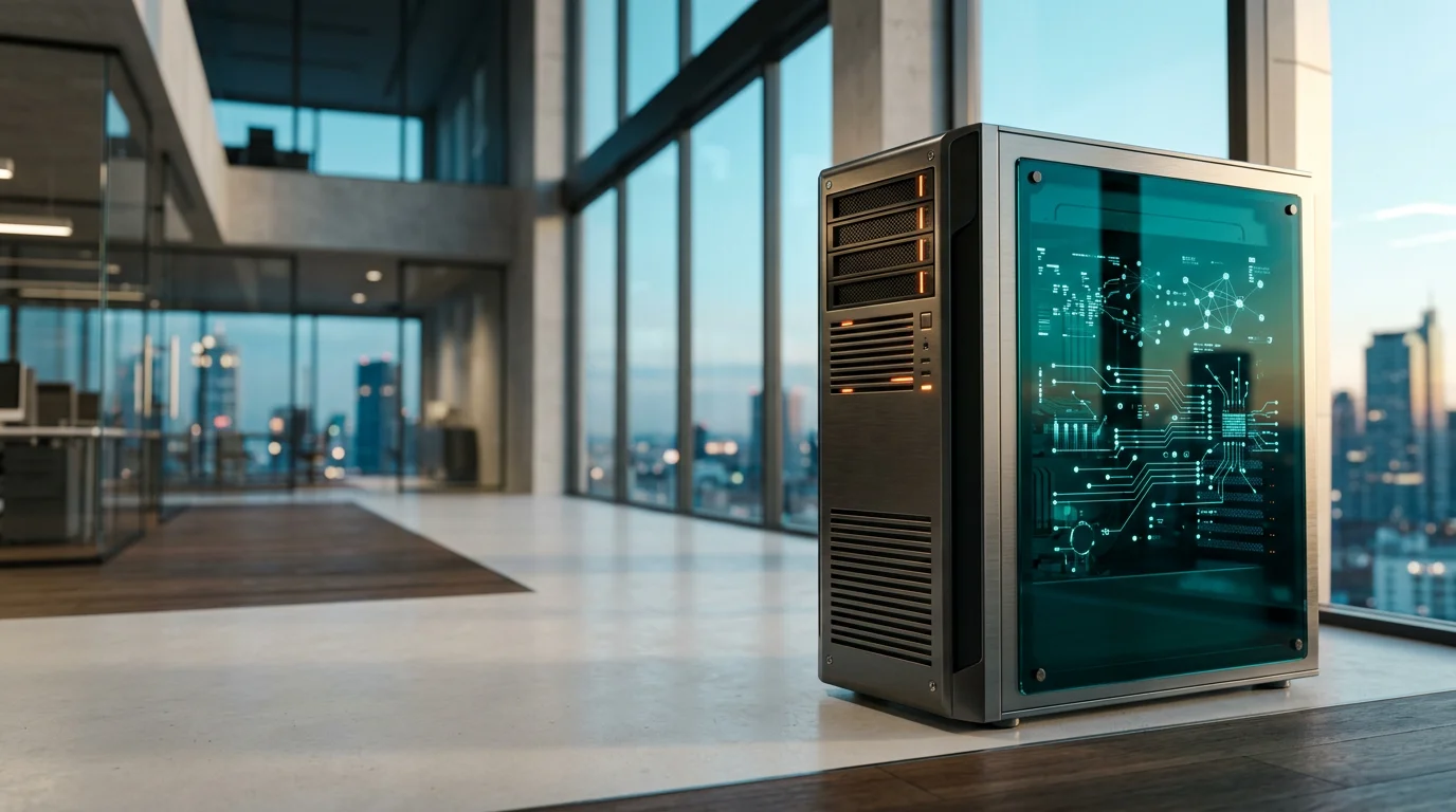 Cinematic 16:9 widescreen eye-level photograph of a sleek, brushed metallic gray server tower and data processing unit positioned dynamically on the right side of the frame, featuring subtle burnt orange status lights and a glowing deep teal #116F76 glass side panel reflecting abstract data streams and vector node schematics on a dark screen. The hardware rests in a vast, modern architectural office space with clean concrete and glass walls during twilight transitioning to a soft cyan #C1E3E6 dawn sky outside a massive floor-to-ceiling window. Warm cream #FFF4CE natural sunlight catches the edge of the metallic casing and illuminates distant architectural lines. Shot on an 85mm prime lens with a shallow depth of field, keeping the physical server unit razor-sharp while the expansive horizon and architectural background dissolve into soft, creamy bokeh. Completely unoccupied scene, zero humans, zero text, typography, or logos, realistic physical technology in a grounded environment.