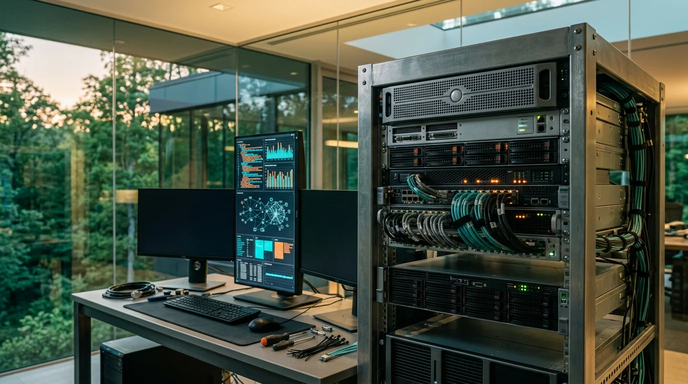 A close-to-medium eye-level shot of a grounded, physical server rack and diagnostic workbench array in a modern architectural office, with glass walls revealing lush natural greenery transitioning from twilight to daylight. The foreground is dominated by high-end server hardware, tangled organized cabling in brushed metallic gray casings, and an active multi-monitor diagnostic display setup showing abstract real-time data streams, streaming event graphs, and columnar storage wireframe visualizations without readable text. Warm cream ambient lighting illuminates the workspace, contrasted by subtle burnt orange indicator lights and status LEDs. The color palette features deep teal shadows on the glass and secondary panels, soft cyan reflections off the hardware casings, and warm highlights. The shot uses a natural 50mm lens with a medium depth of field, keeping the physical server hardware and workbench sharp while the outdoor architectural elements softly blur in the background. Completely unoccupied, zero humans, zero readable text or logos, strictly physical and realistic technology, 16:9 aspect ratio.