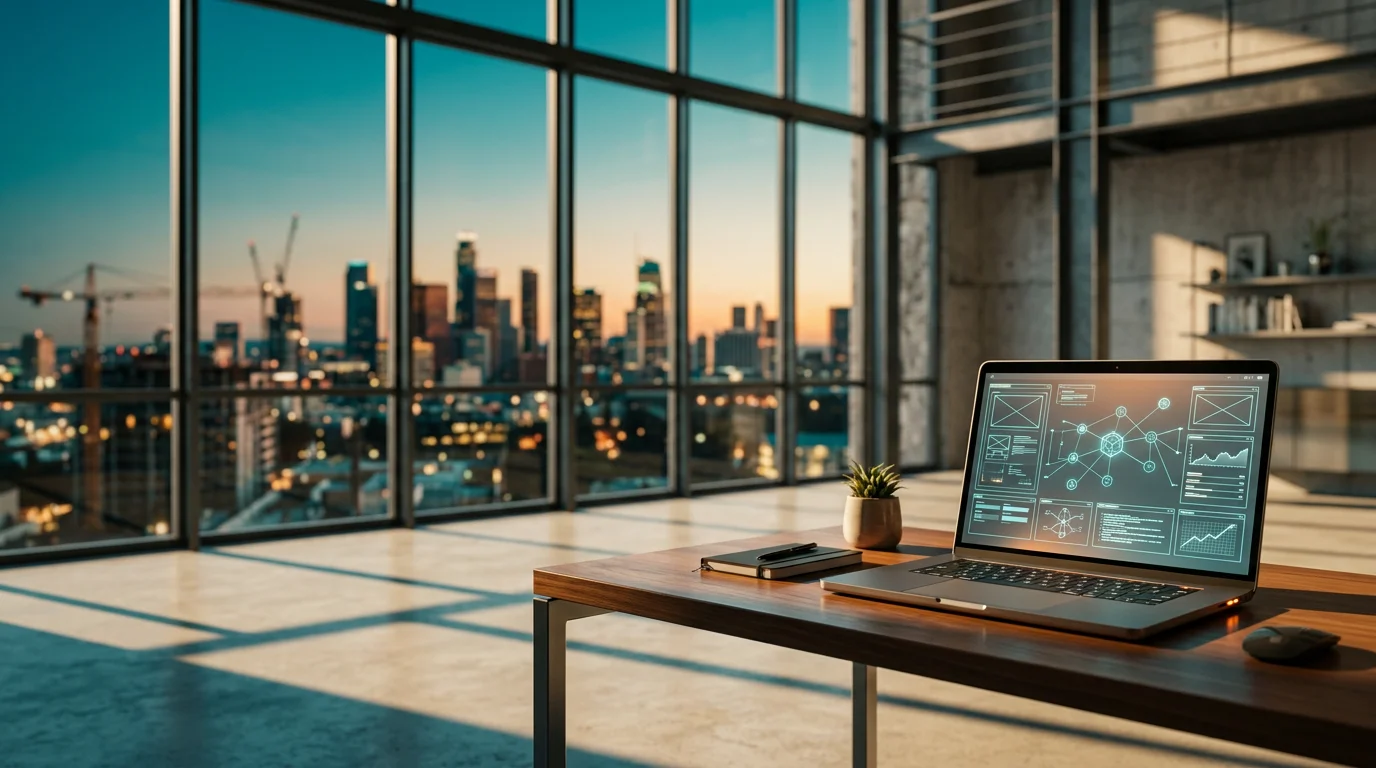 A cinematic, eye-level 50mm photograph of a modern, minimalist glass workstation positioned dynamically on the right side of a spacious, sunlit architectural loft. On the polished dark wood desk sits a single, sleek brushed metallic gray laptop displaying an abstract UI wireframe interface with clean geometric schematics and soft cyan data nodes, completely devoid of readable text. The scene is bathed in the warm cream glow of early morning sunlight streaming through expansive floor-to-ceiling windows, casting deep teal shadows across the polished concrete floor. Discrete burnt orange status indicators glow subtly on the hardware casing. The background features a soft-focus architectural view of a vast, optimistic urban skyline at twilight transitioning to daylight, with a shallow depth of field, entirely unoccupied by humans, rendered in a sophisticated palette of deep teal, soft cyan, warm cream, and burnt orange accents.
