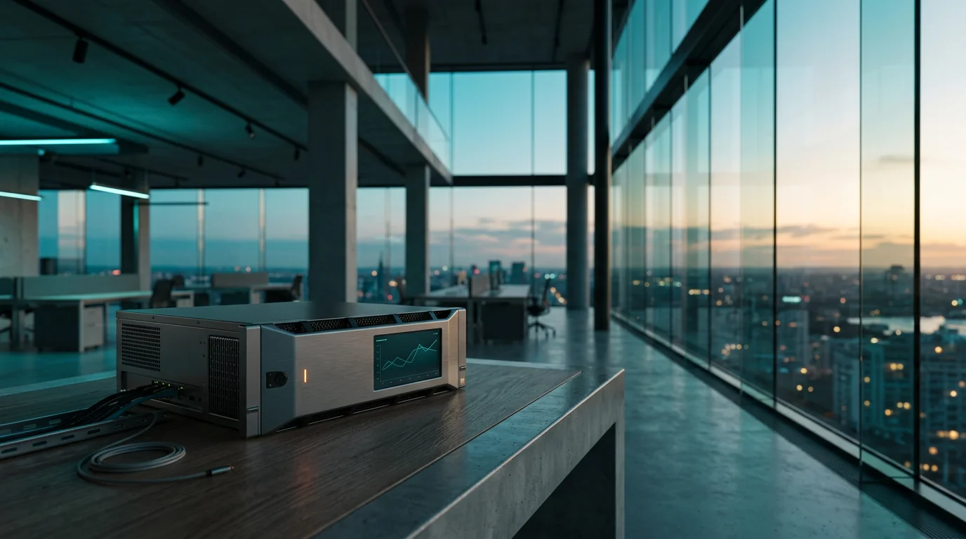Cinematic eye-level shot of a modern, open-plan architectural workspace at twilight transitioning into soft dawn light, featuring a single sleek, professional diagnostic server unit with a brushed metallic gray casing positioned dynamically off-center. A discreet burnt orange status light glows softly on the device, while its integrated minimalist screen displays a subtle, clean abstract line graph in deep teal and soft cyan. The shallow depth of field keeps the physical hardware crisp, with the background dissolving into an expansive floor-to-ceiling glass wall framing a serene, minimalist urban horizon. The color palette blends deep teal shadows and soft cyan ambient light with warm cream natural sunlight touching the architectural surfaces. Unoccupied scene with generous negative space in the sky, 16:9 widescreen format, photorealistic, no text, no humans.