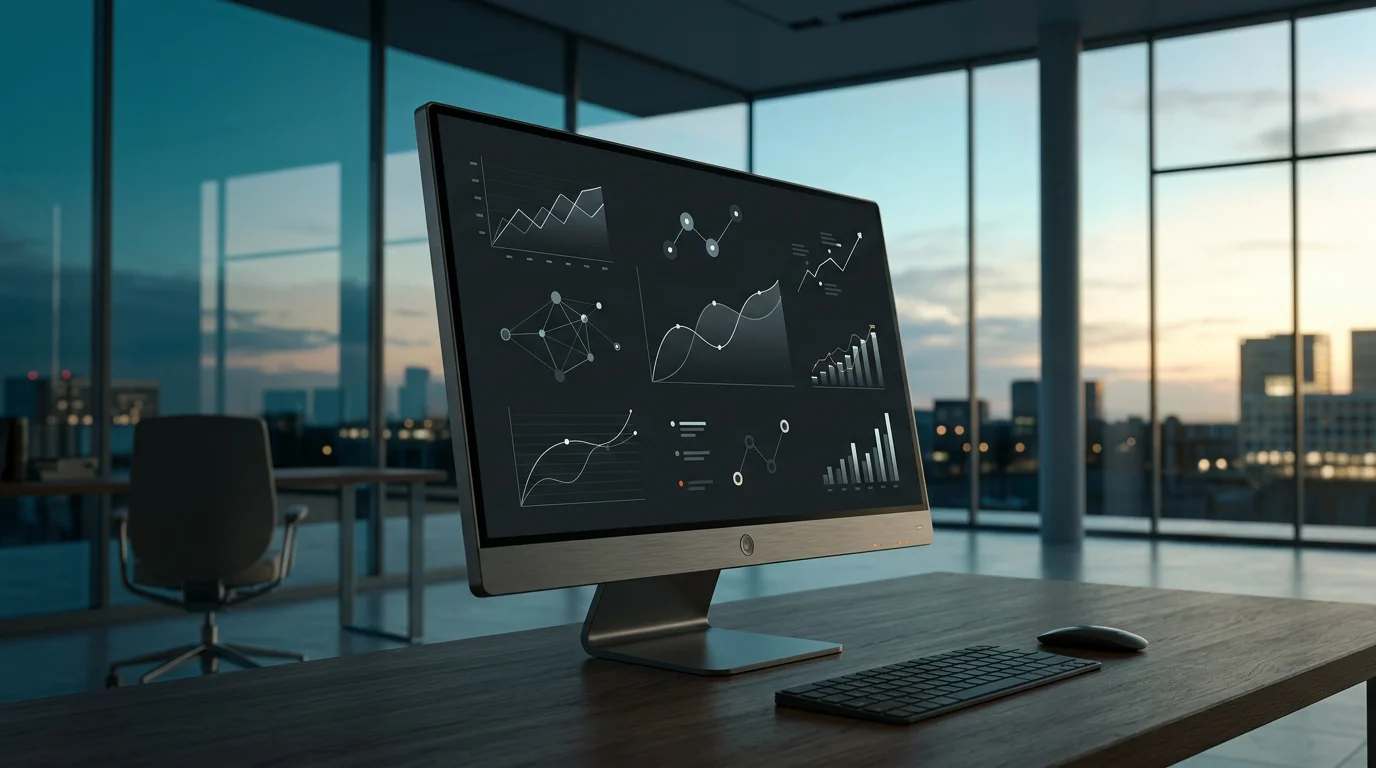 Cinematic eye-level shot of a modern glass-enclosed executive workspace at twilight transitioning to dawn, featuring a single sleek, professional analytics monitor positioned dynamically across the frame at a diagonal 3/4 view. The monitor displays a clean, minimalist dark-mode interface with abstract line graphs and vector nodes representing growth metrics, with zero readable text. Captured with a 50mm prime lens, shallow depth of field, keeping the physical hardware crisp and detailed against a soft-focused architectural horizon. Deep Teal #116F76 shadows and glass reflections, soft Cyan #C1E3E6 ambient sky lighting, Warm Cream #FFF4CE natural sunrise highlights, and subtle Burnt Orange #E06719 indicator status lights on the brushed metallic gray casing. Entirely unoccupied scene with generous uncluttered negative space in the sky and clean architectural walls, completely devoid of humans, floating holograms, or fake typography.