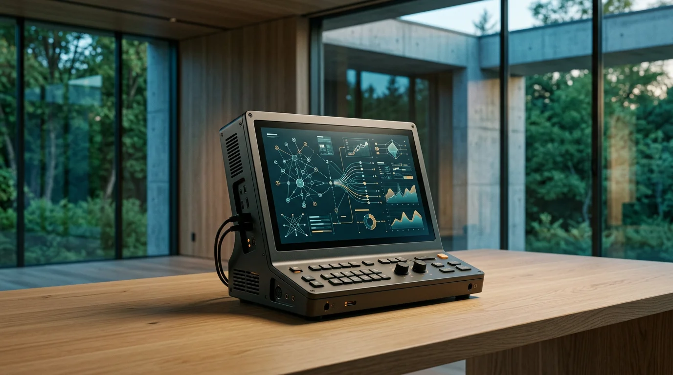 A dynamic 3/4 perspective angle of a single standalone modular diagnostic console resting on a polished light wood surface, featuring a dark low-glare screen displaying abstract node graphs, pipeline diagrams, and vector analytics charts with zero text or readable words. The scene is set within a modern, serene architectural environment featuring floor-to-ceiling glass framing lush outdoor nature with emerald and sage greenery during twilight transitioning to daylight. The color palette incorporates Deep Teal on glass and architectural shadows, Soft Cyan reflections, Warm Cream natural morning ambient glow, and understated Burnt Orange accents on status LEDs and interface nodes. Shot on an 85mm prime lens with a medium depth of field, keeping the singular device tack-sharp while the surrounding architecture and greenery soften naturally. Completely unoccupied, zero humans, zero text, grounded physical engineering. --ar 16:9