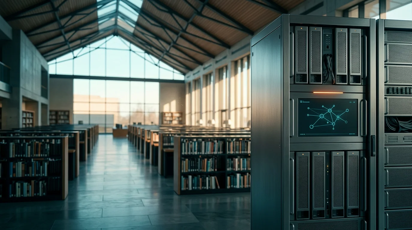 Cinematic 16:9 widescreen eye-level shot of a modern, expansive architectural library archive at dawn, featuring a sleek, physical brushed metallic gray server rack positioned dynamically on the right side of the frame. The central unit has a subtle burnt orange status light and a clean, minimalist display screen showing abstract glowing cyan vector nodes and interconnected relational data graphs. The scene transitions from deep teal shadows to soft cyan morning light filling the vast interior space. Warm cream sunlight streams through tall architectural windows, illuminating dust motes in the air and casting soft highlights on brushed metal and natural stone textures. Completely unoccupied and devoid of humans, featuring a shallow depth of field with the hardware crisp and foregrounded while the distant vaulted ceiling and rows of shelving softly blur into negative space. No text, letters, or logos anywhere in the frame.