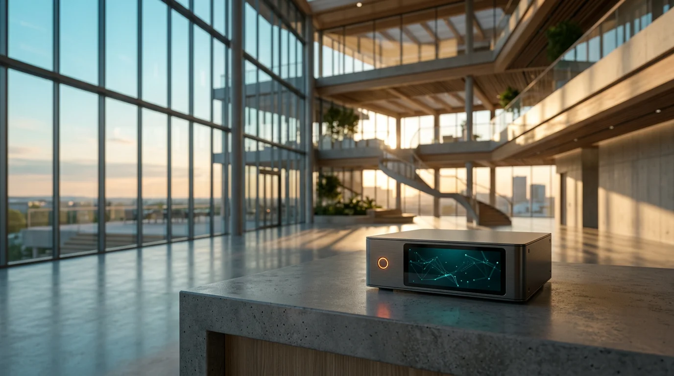 Cinematic 16:9 widescreen eye-level shot of a modern, sunlit corporate atrium at twilight transitioning to daylight, featuring a single, sleek physical data-processing unit with brushed metallic gray casing and a discreet burnt orange status light resting on a polished concrete counter. The unit features a clean, embedded glass screen displaying subtle abstract line graphs and vector nodes in deep teal. The background reveals a vast architectural perspective with expansive glass windows showing a soft cyan morning sky and warm cream natural sunlight casting long, elegant shadows. Shallow depth of field with the foreground hardware crisp and sharp against a softly blurred architectural backdrop. Completely unoccupied scene with zero humans, zero text, and zero typography. High-end architectural photography, ultra-realistic materials, professional lighting.